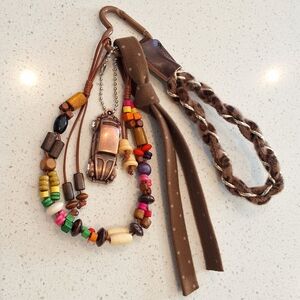 Handmade Boho Wooden Beaded Keychain Bag Charm With Vintage Car Charm, New